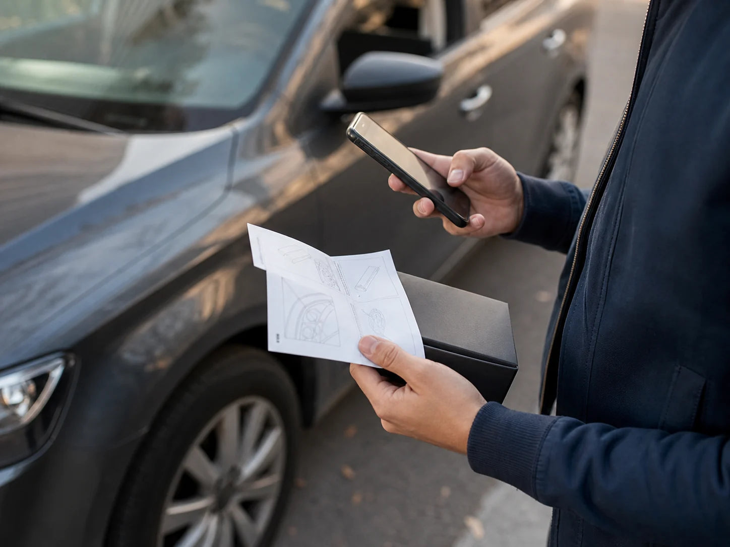 Customer comparing car-accessory compatibility information beside a parked vehicle