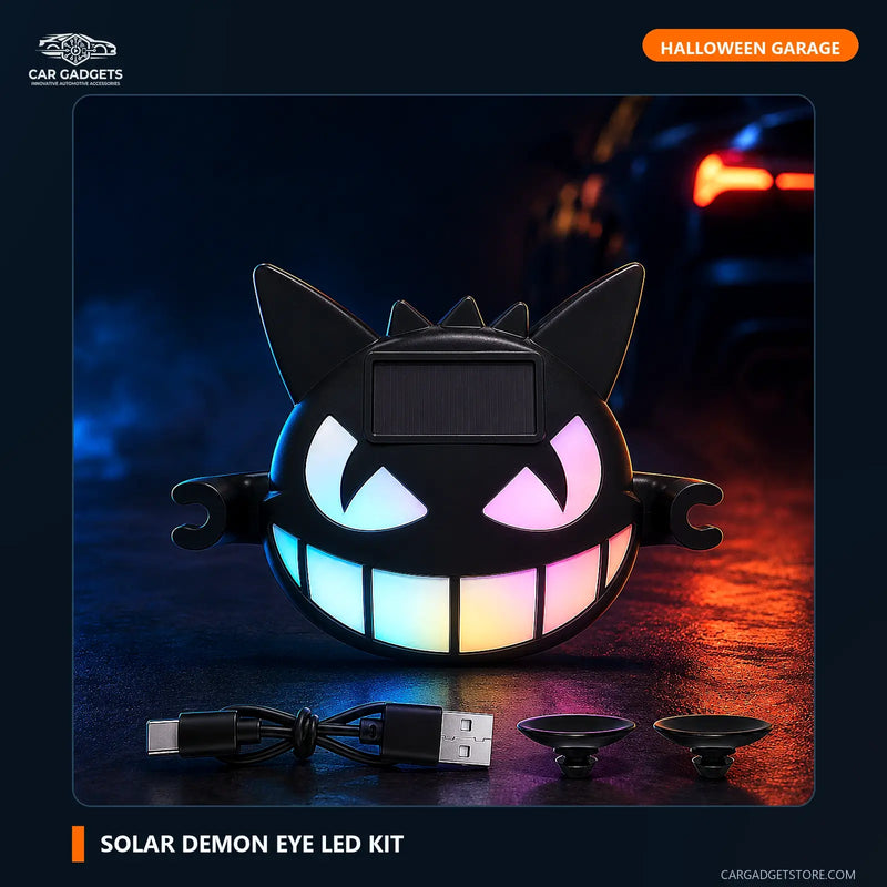 SP12 solar demon eye LED light with USB-C cable and two suction cups on a dark automotive background