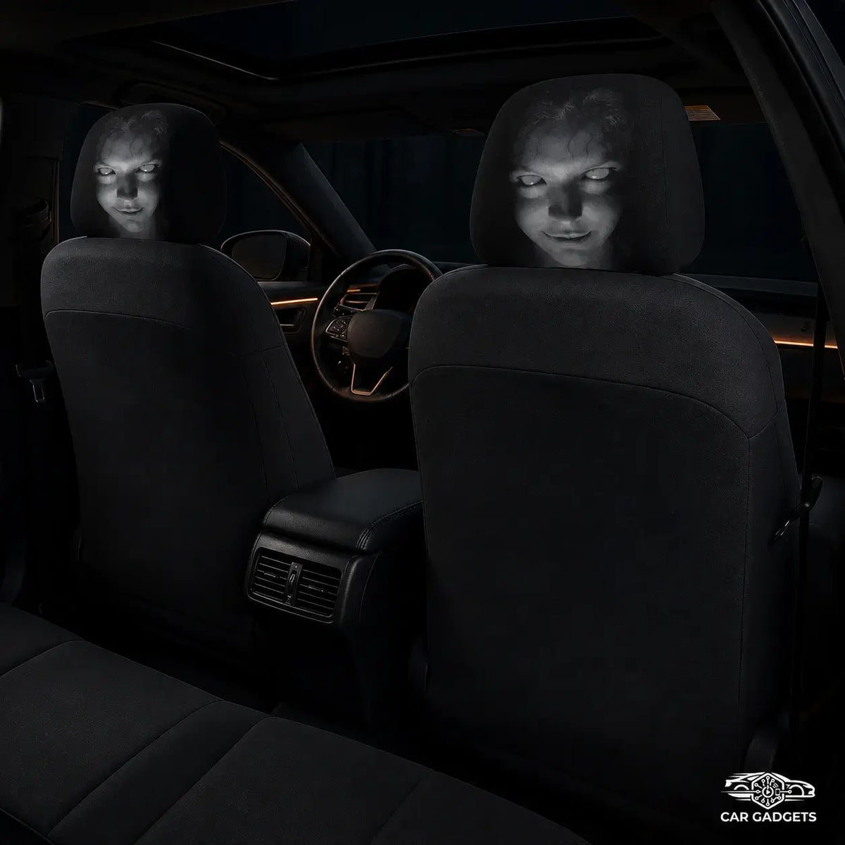 Two horror-face Halloween headrest covers installed on the front seats of a dark car interior
