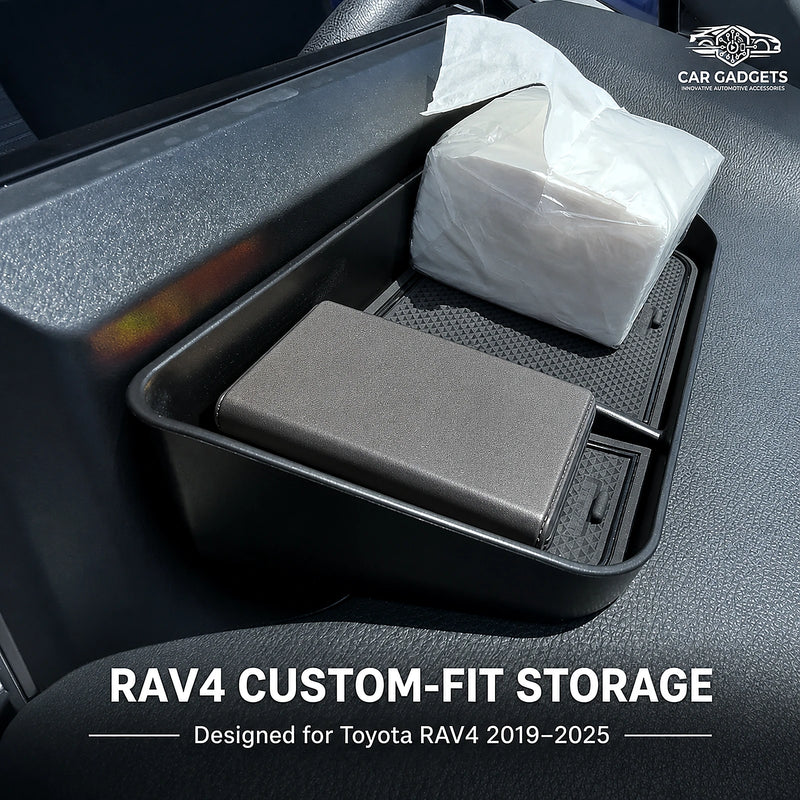 Car Gadgets custom-fit organizer set installed in a Toyota RAV4 2019-2025 center console