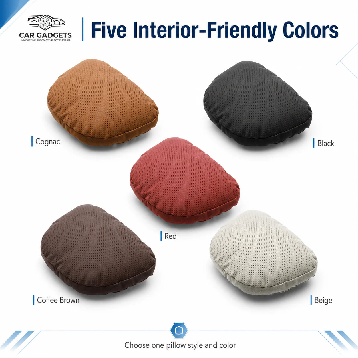 Five available car pillow colors: Cognac, Black, Red, Coffee Brown and Beige