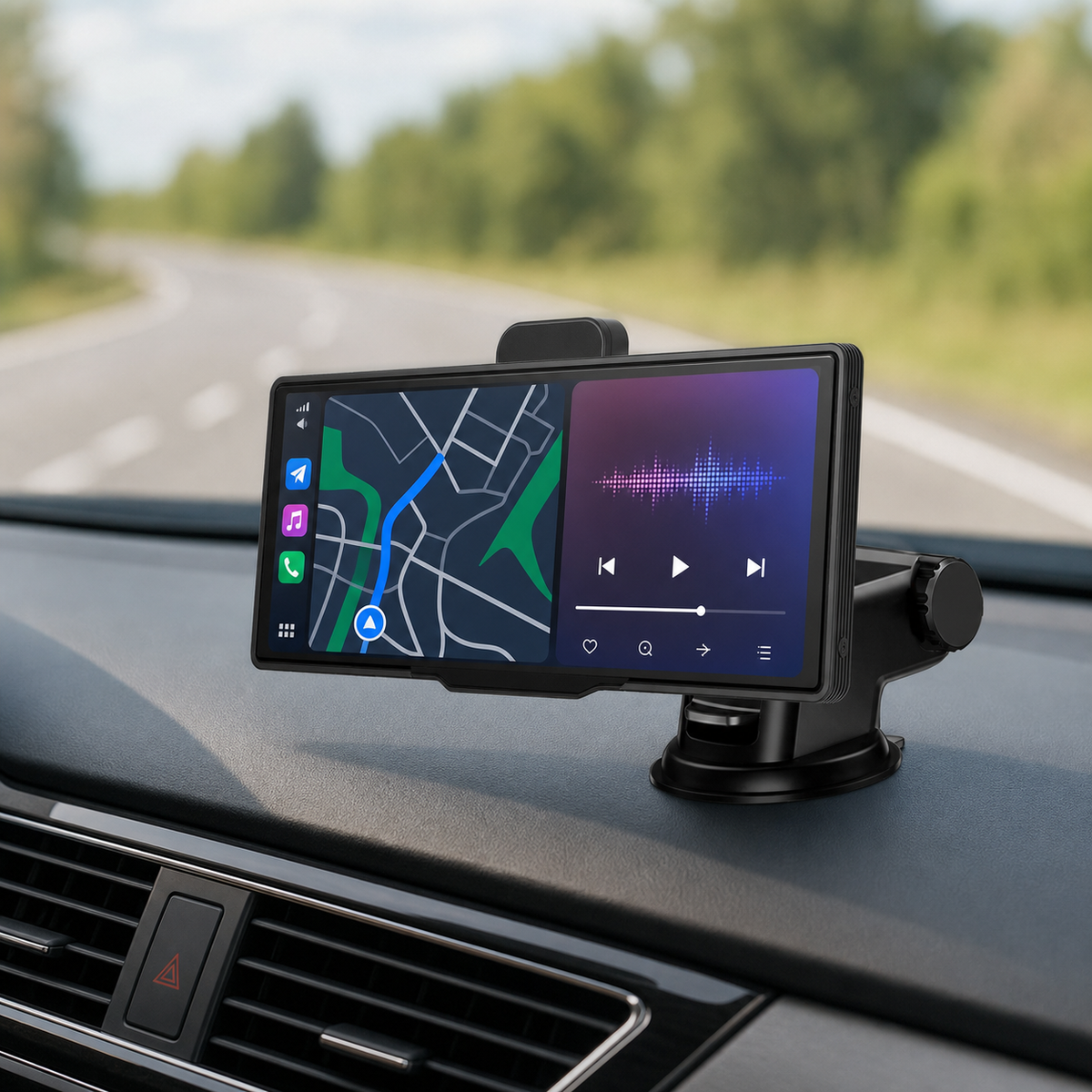 10.26-inch CarPlay display mounted on car dashboard suction base showing navigation in use