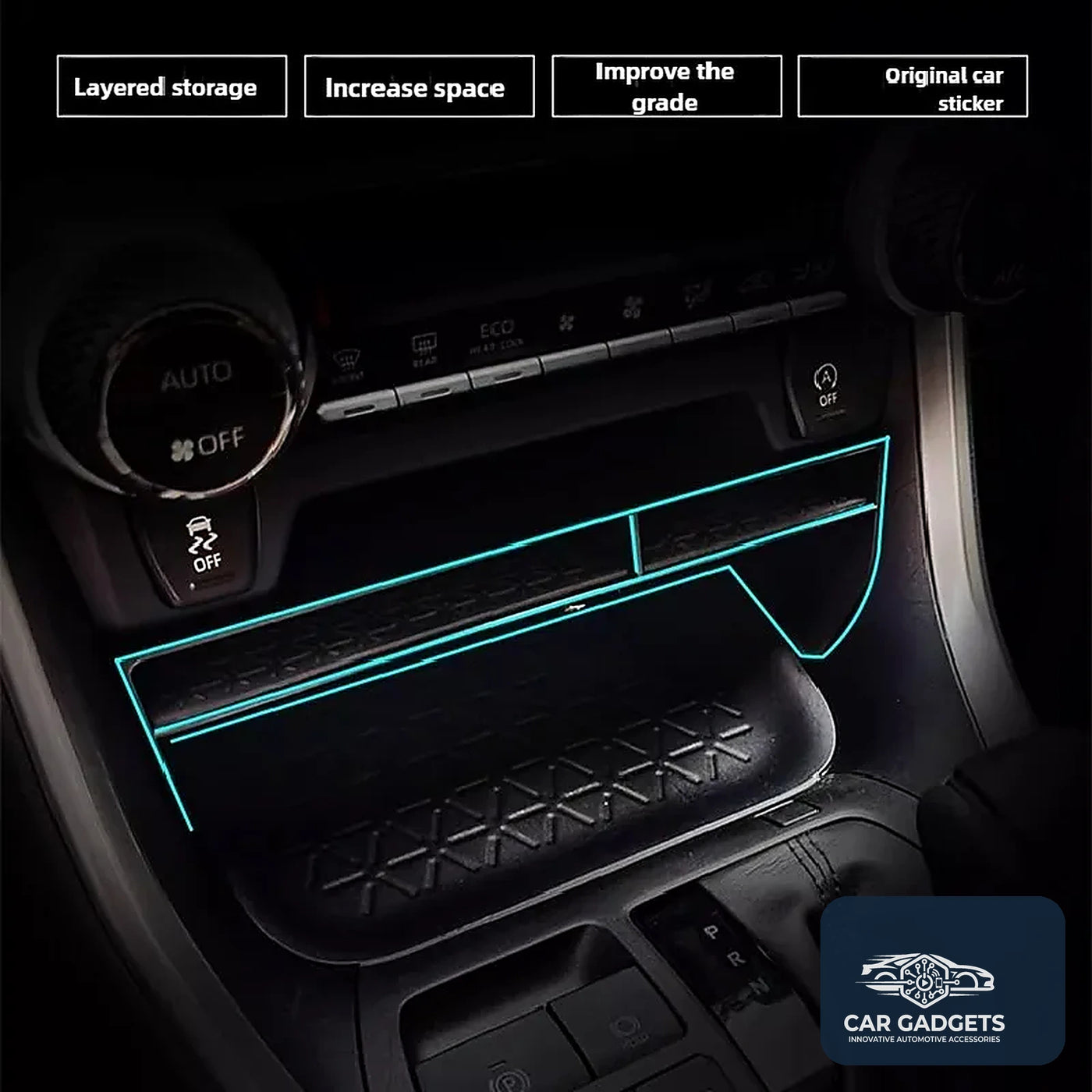 Front console dividing storage shelf outlined in a Toyota RAV4 dashboard