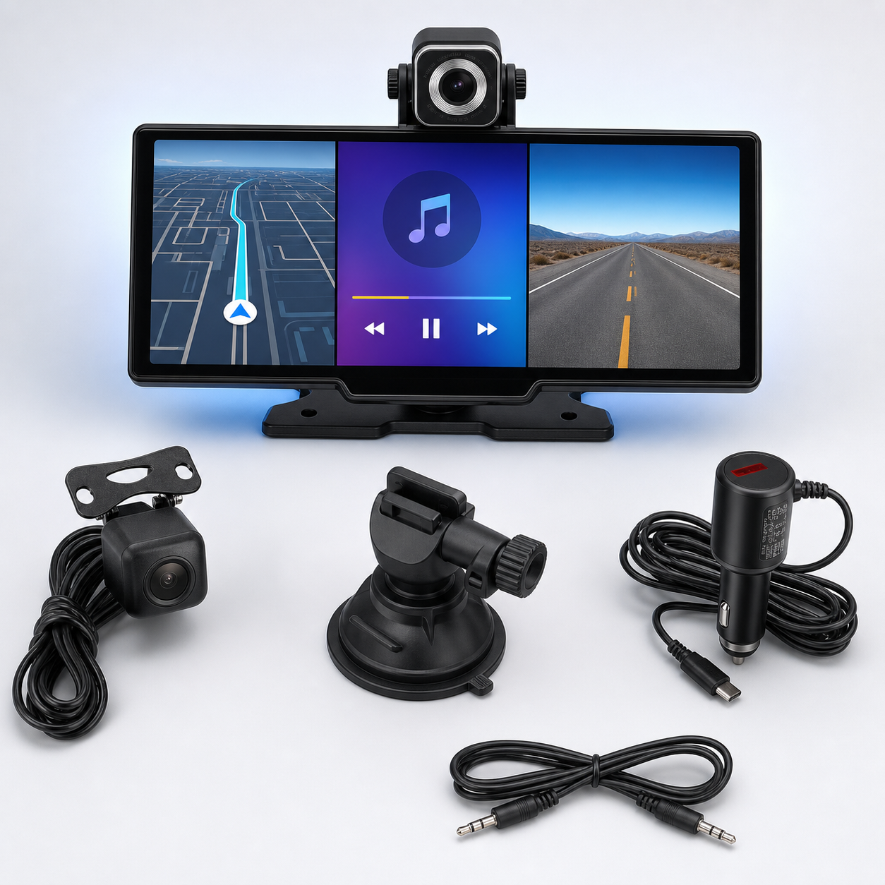 10.26-inch CarPlay display front and rear camera kit package contents: suction mount, car charger, rear camera, and audio cable