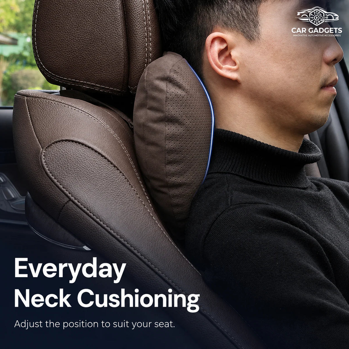 Coffee brown neck pillow positioned on a car seat