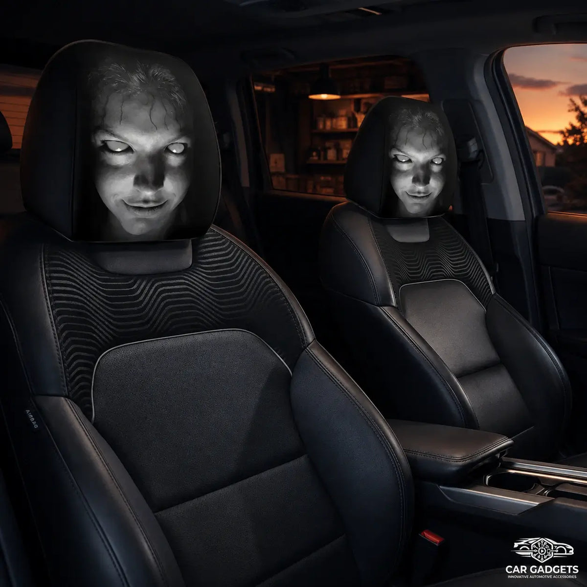 Pair of horror-face headrest covers fitted to front car seats at dusk