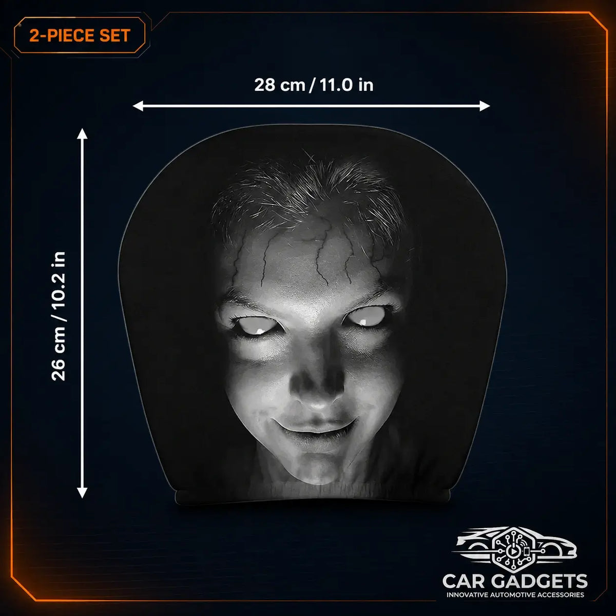 Horror-face car headrest cover dimensions shown as 28 by 26 centimeters