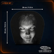 Horror-face car headrest cover dimensions shown as 28 by 26 centimeters