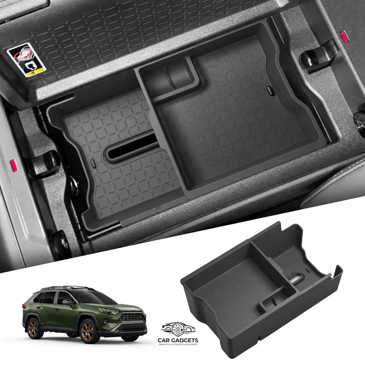 Double-layer RAV4 console tray shown installed with product view