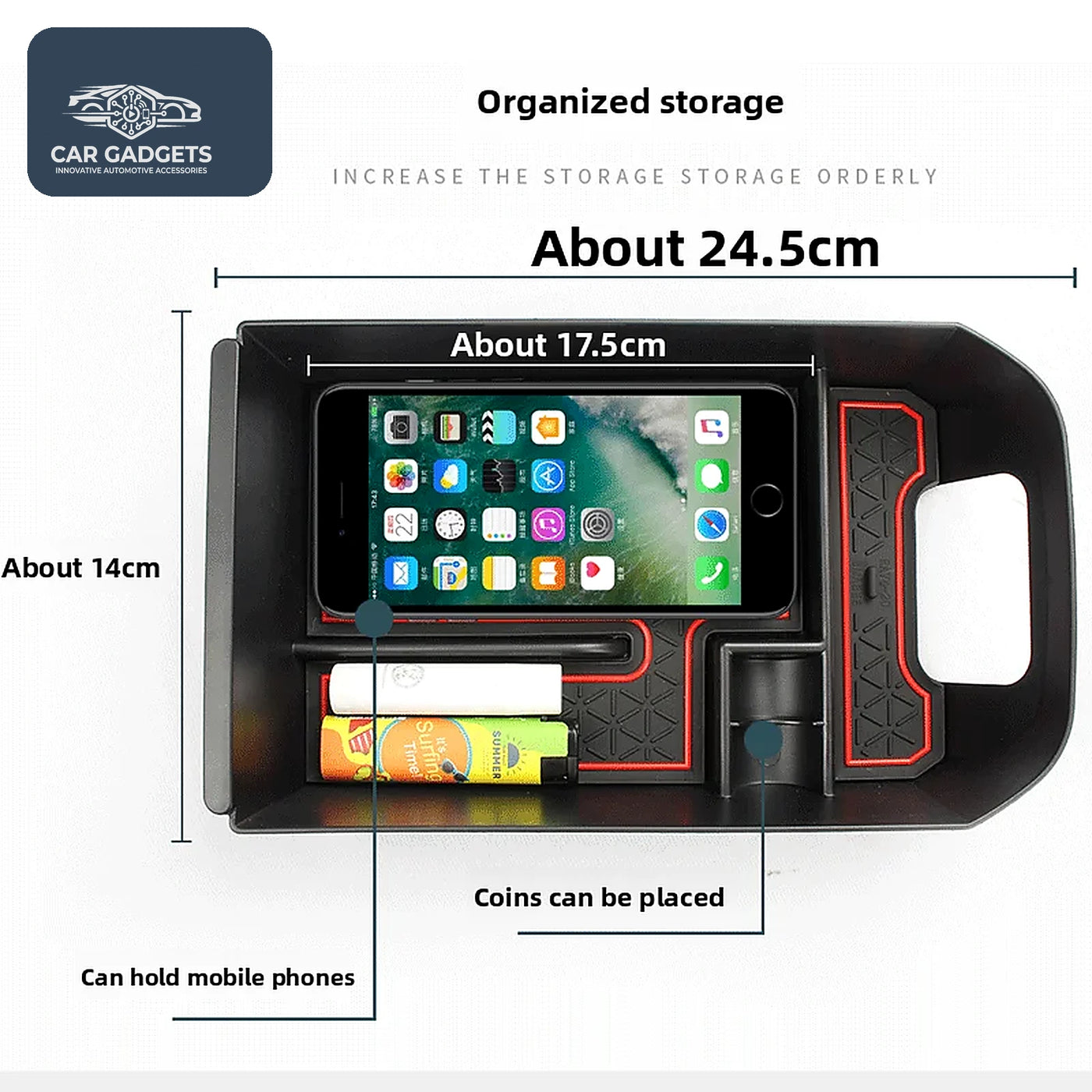 Red-accent upper console organizer with approximate width and length measurements