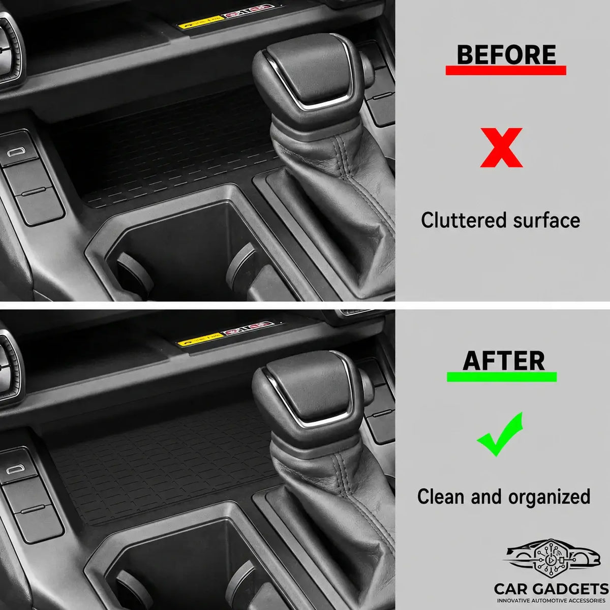 Before and after RAV4 right-hand-drive console mat installation