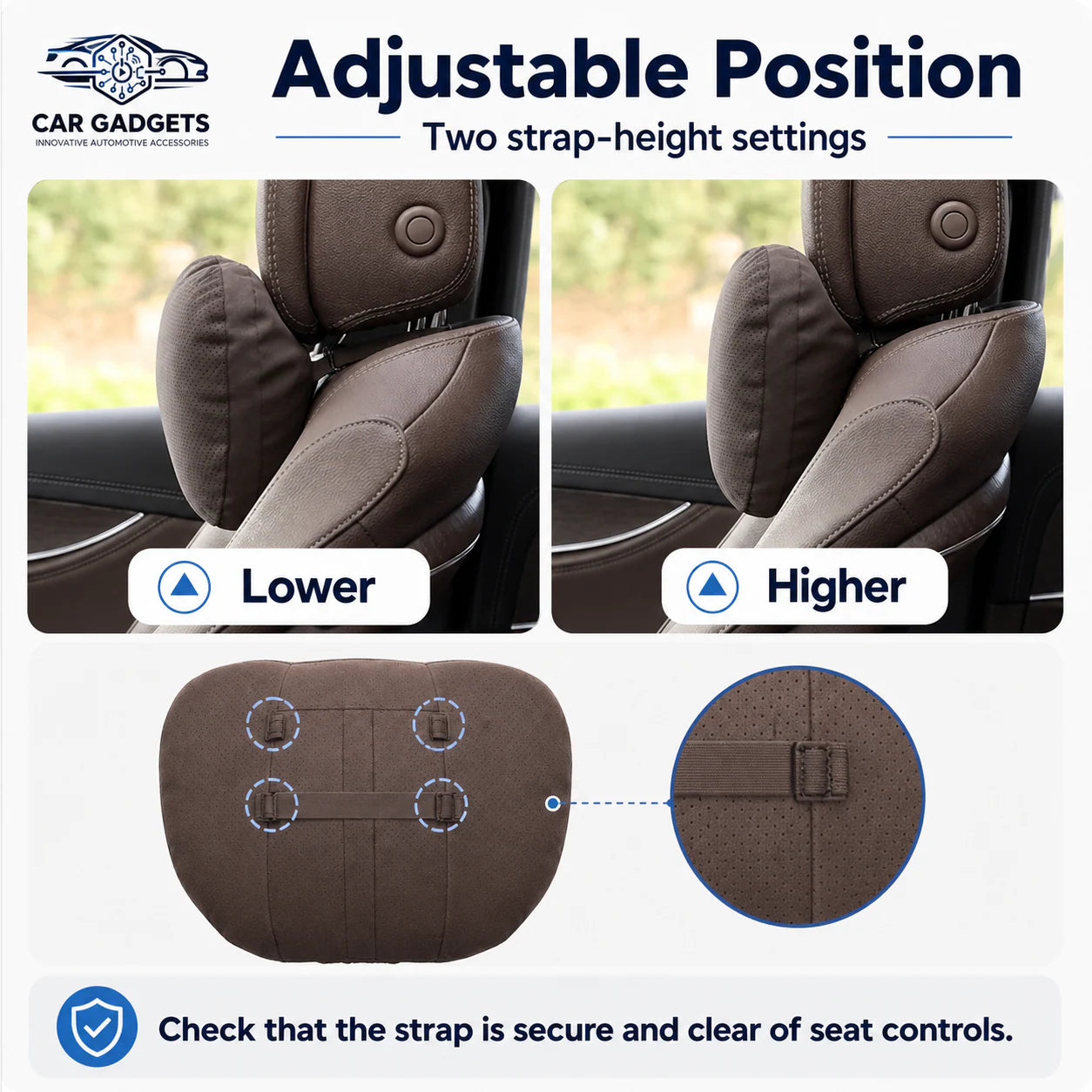 Two strap-height settings on a car neck pillow