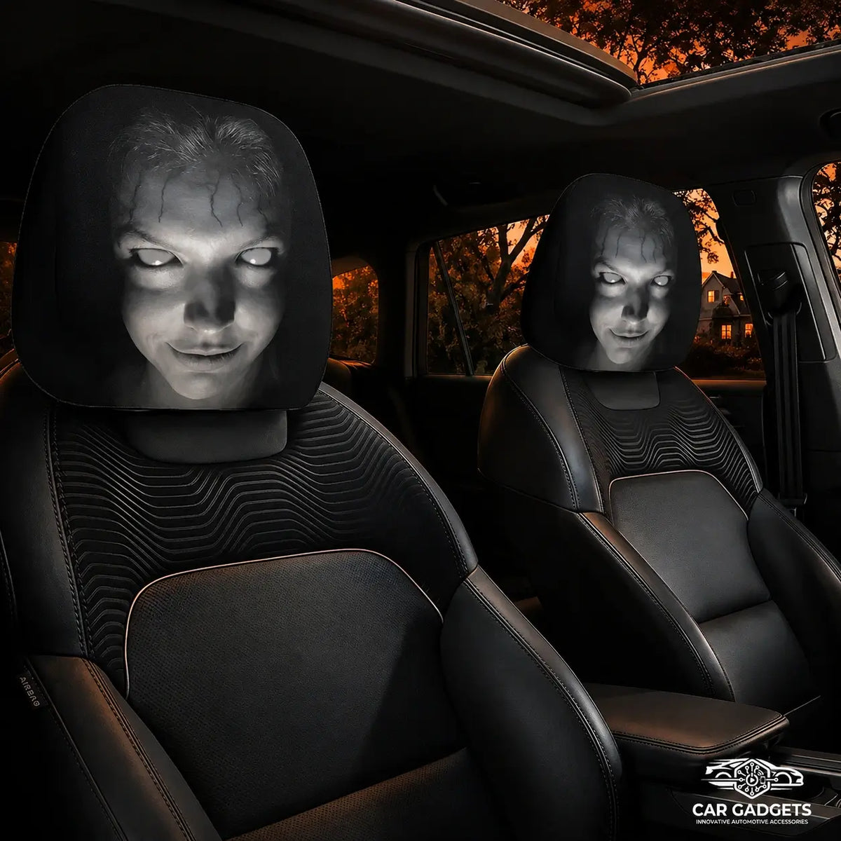 Two black Halloween horror-face covers installed on front-seat headrests