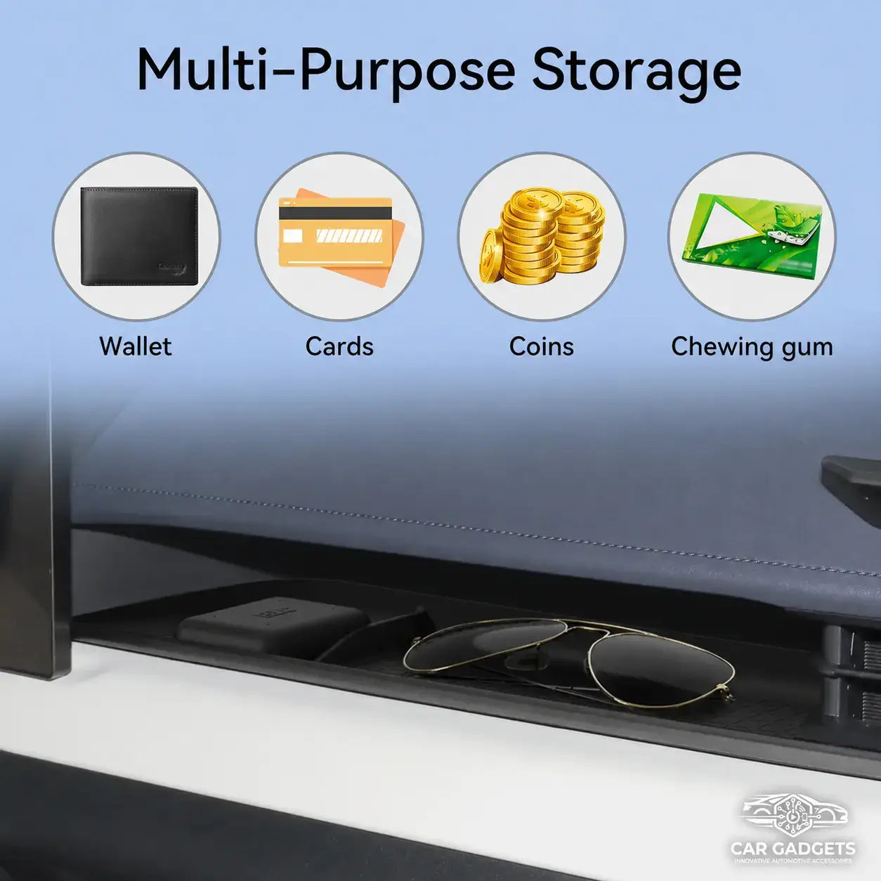 Dashboard tray storage for wallet cards coins and chewing gum