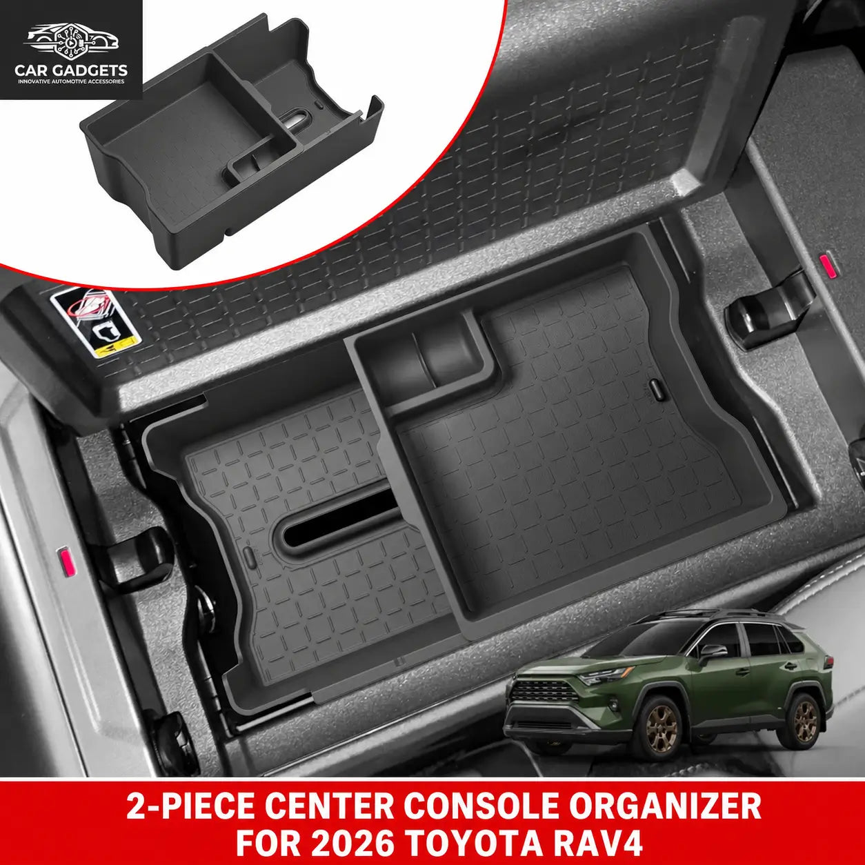 Two-piece center console organizer installed in a 2026 Toyota RAV4