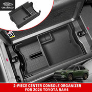 Two-piece center console organizer installed in a 2026 Toyota RAV4