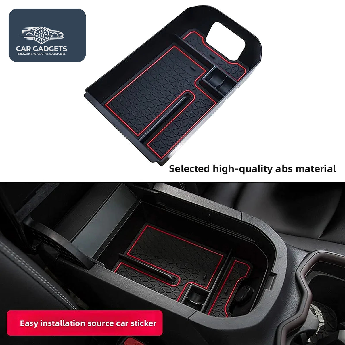 Red-accent organizer tray installed inside a Toyota RAV4 armrest console