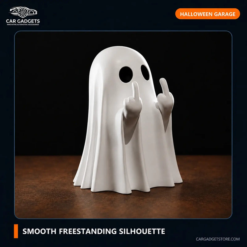 White middle-finger ghost statue on a dark tabletop showing its smooth freestanding silhouette.