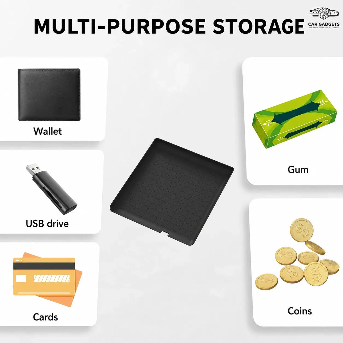 Console mat storage for wallet USB drive cards gum and coins