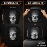 Two horror-face headrest covers with slip-on stretch-fit installation steps