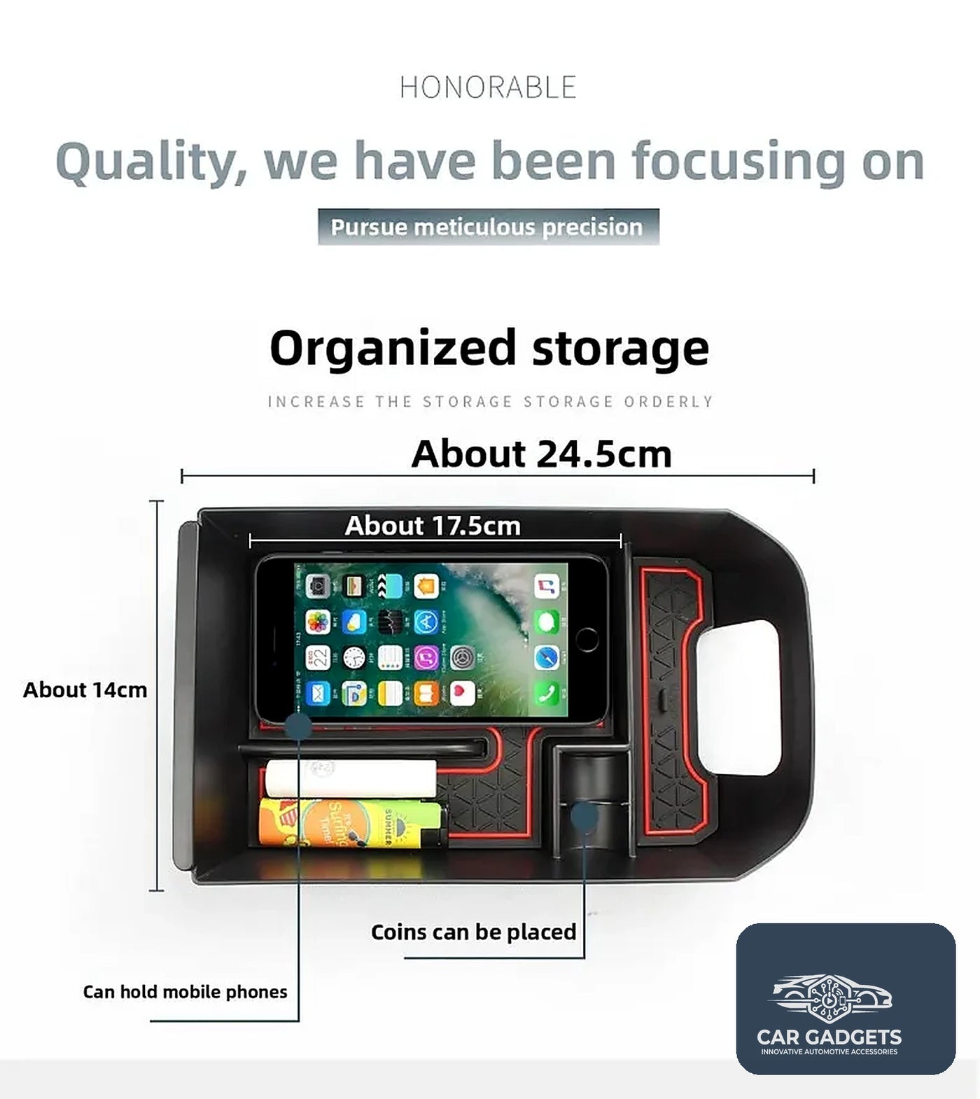 Organizer compartment layout with approximate 24.5 by 17.5 centimeter dimensions