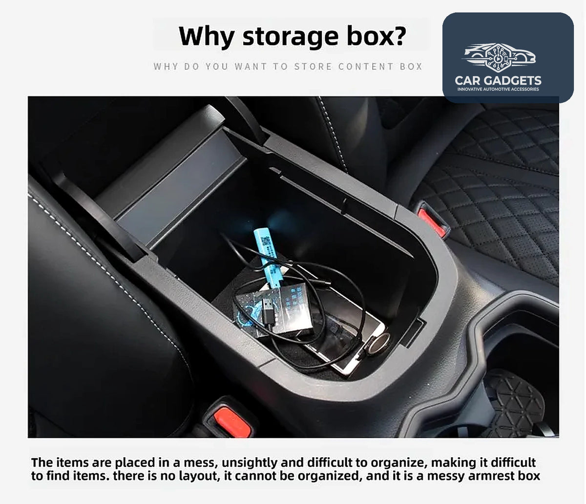 Toyota RAV4 armrest storage shown before and after adding an organizer