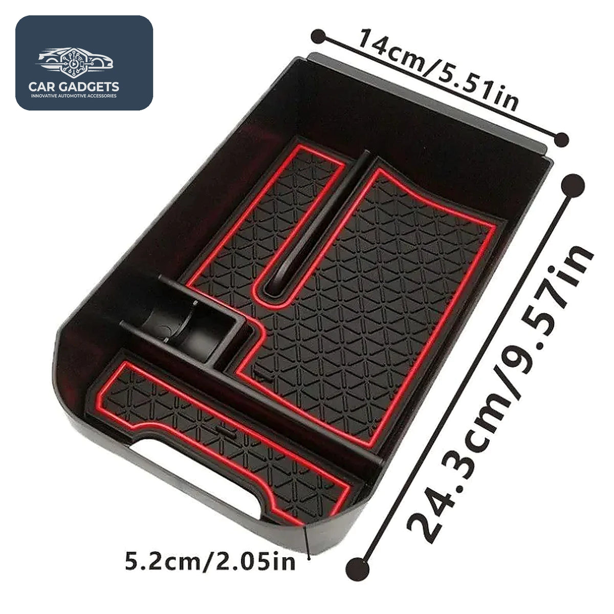 Red-accent console tray with approximate metric and inch measurements