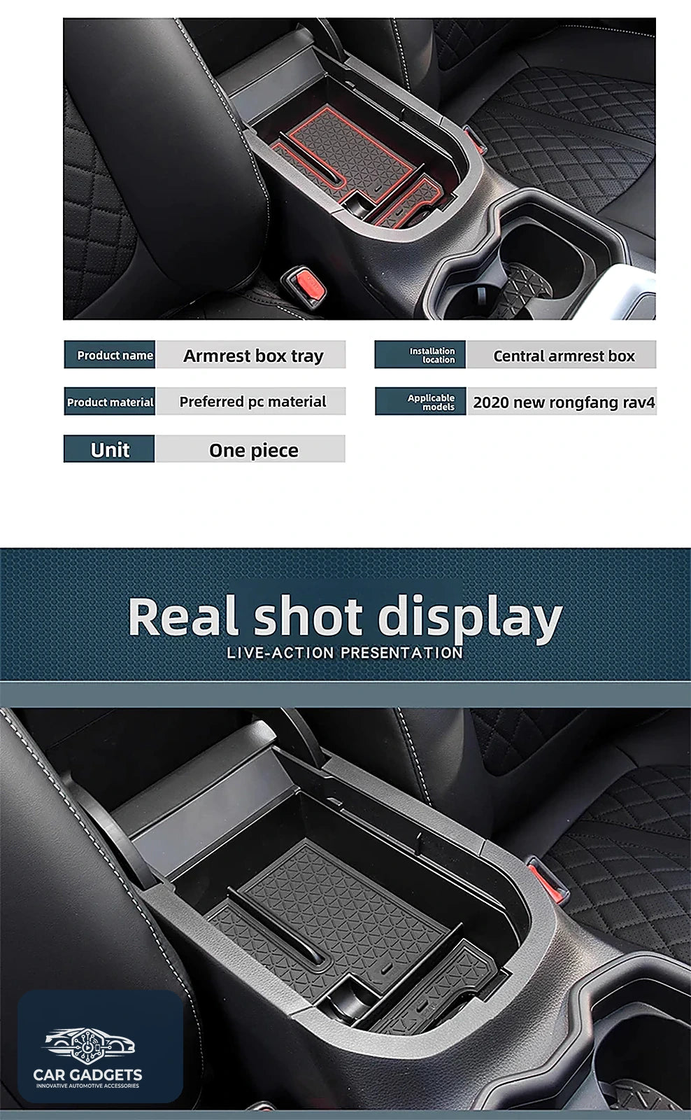 Real installation comparison of the armrest organizer in a Toyota RAV4
