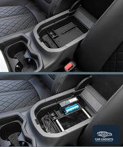 Toyota RAV4 center armrest organizer shown empty and in use