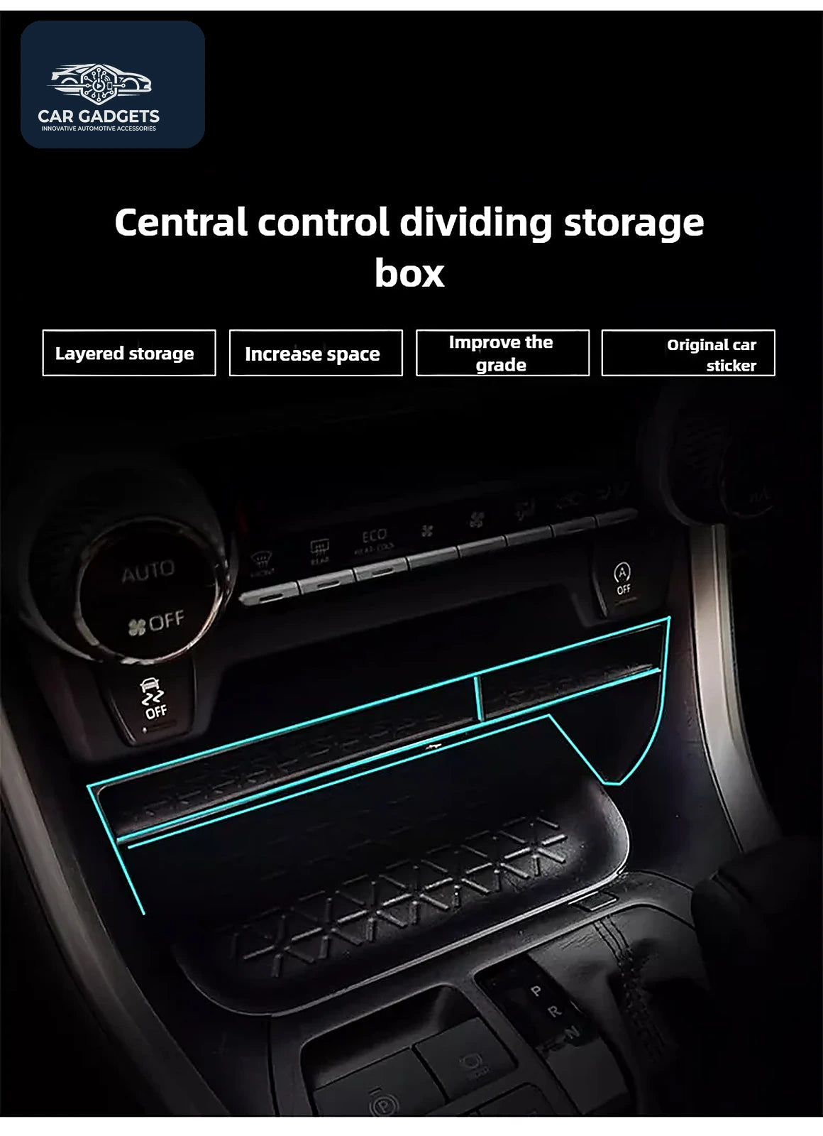 Front console dividing shelf highlighting layered storage and usable space