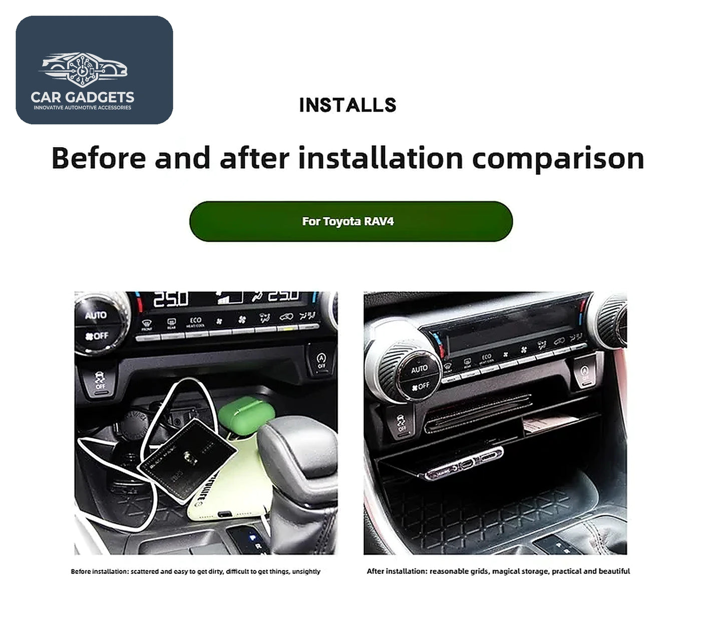 Toyota RAV4 front storage area before and after adding the dividing shelf