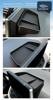 Layered front console storage shelf shown from multiple installation angles