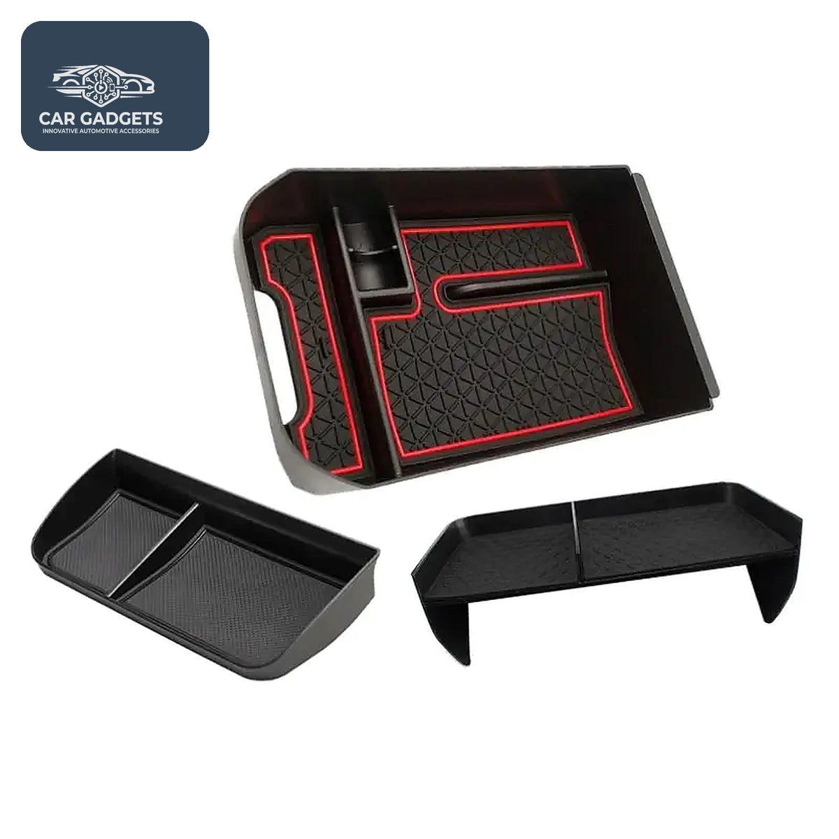 Three-piece Toyota RAV4 organizer set with red-accent non-slip liners