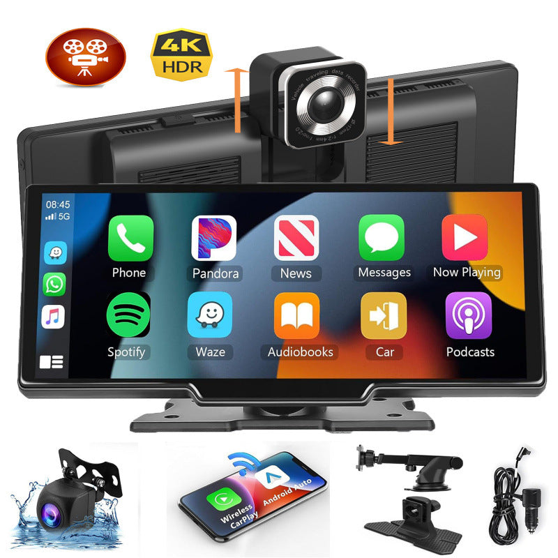 Camera-equipped portable car display with rear camera