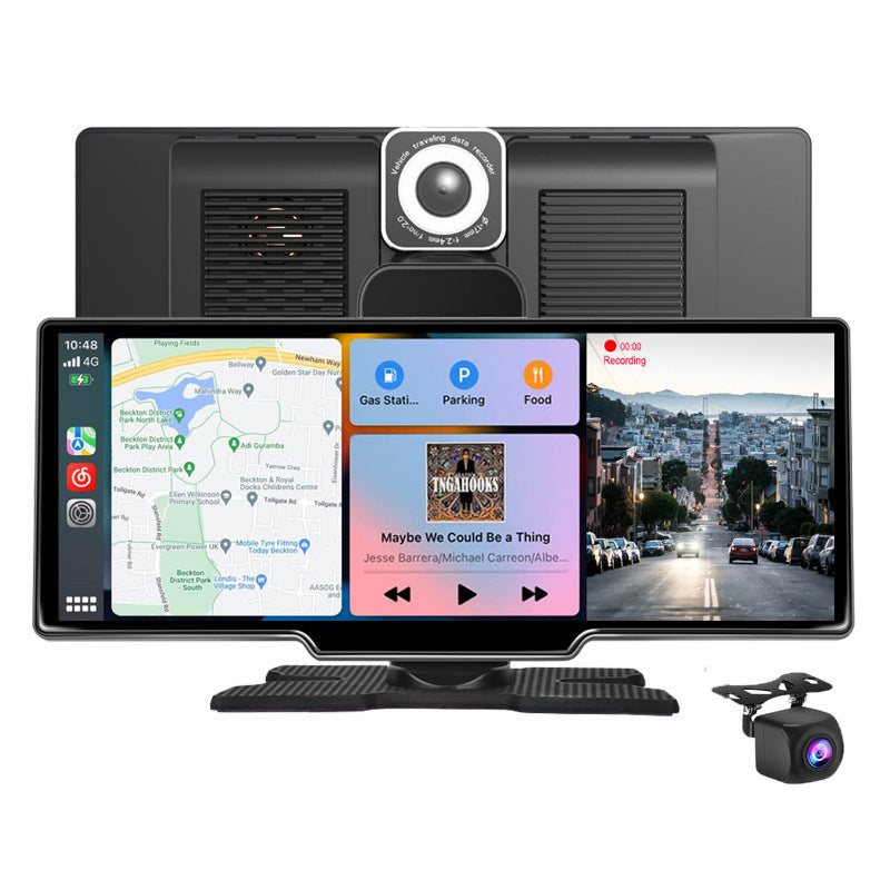 Portable car display showing navigation music and rear camera view