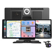 Portable car display showing navigation music and rear camera view