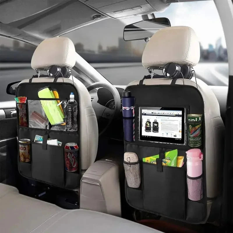 Car seat back organizer flat view showing pocket layout and kick mat coverage