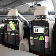 Car seat back organizer flat view showing pocket layout and kick mat coverage