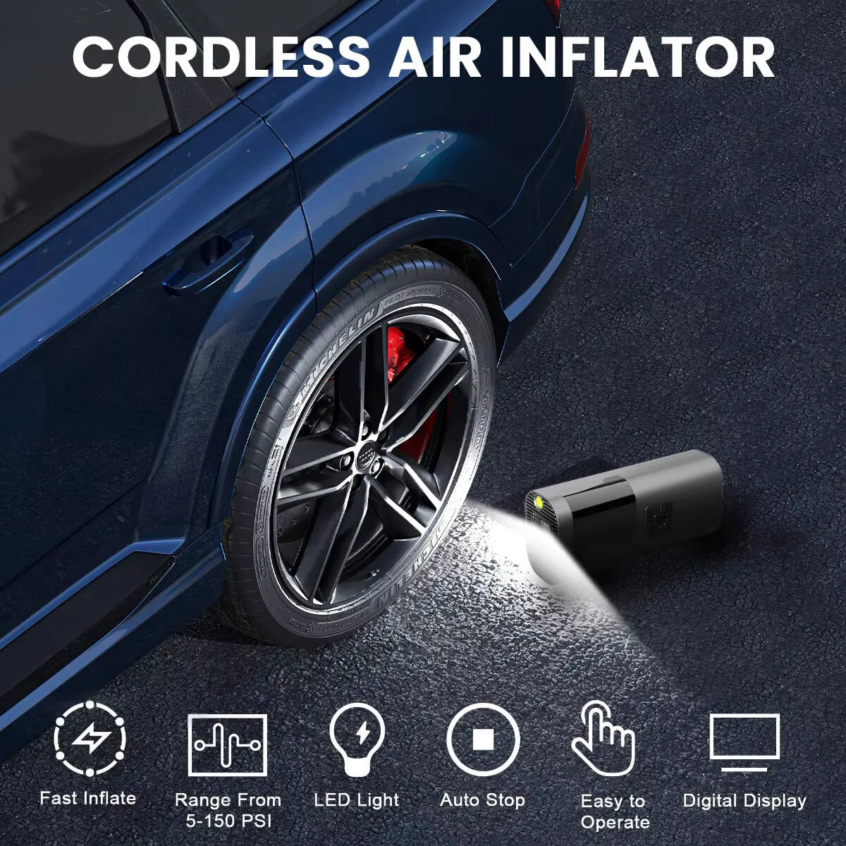 Cordless air inflator next to a car tire with product features displayed.