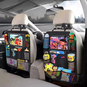 Car seat back organizer installed behind a front seat