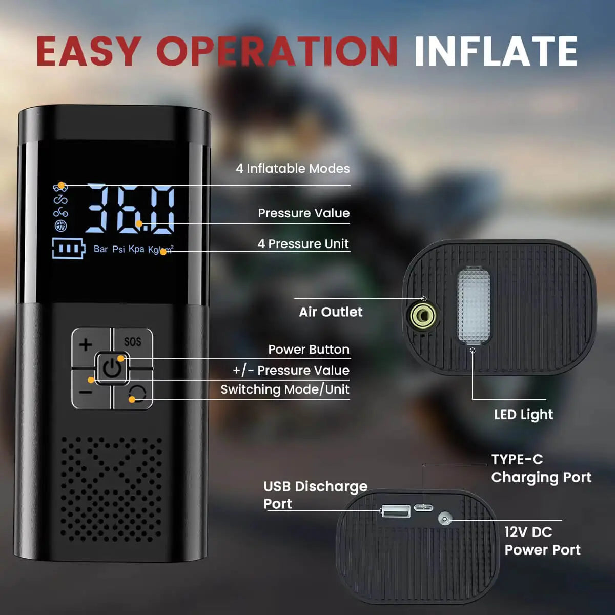 Black portable inflatable pump device with digital pressure display, labeled callouts for air outlet, LED light, power button, USB-C charging port, and 12V DC power port on a blurred outdoor background.