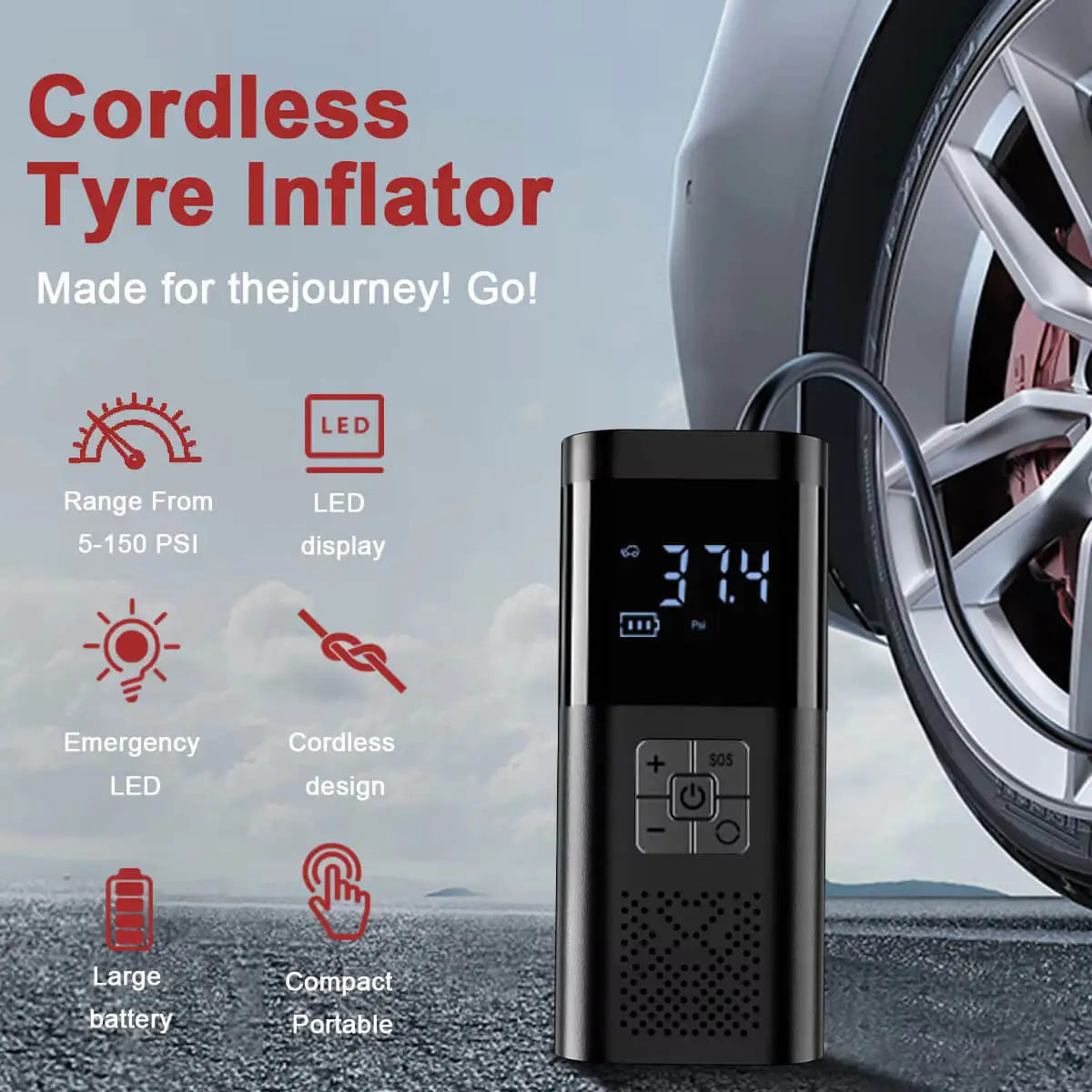 Cordless tyre inflator with features highlighted on a road background