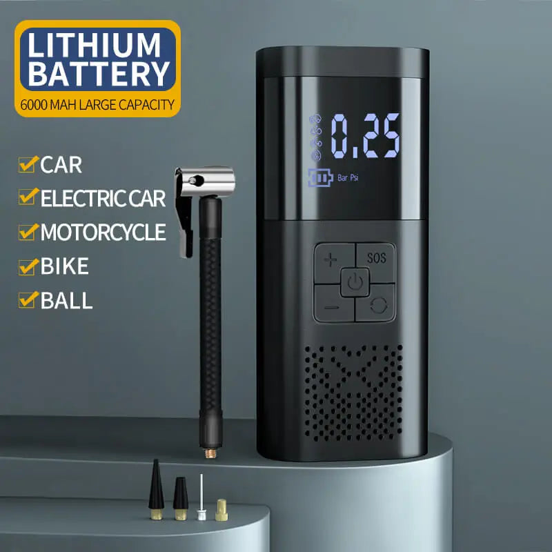 Cordless tire inflator with 6000mAh lithium battery, compatible with cars, motorcycles, bikes, and ball inflation