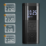 Tire inflator preset pressure modes: Car 2.50, Motorcycle 2.20, Bike 2.10, Ball 0.60 kg per cm squared