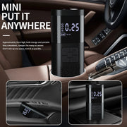 Compact cordless tire inflator sitting in a car cup holder, approximately 18cm tall