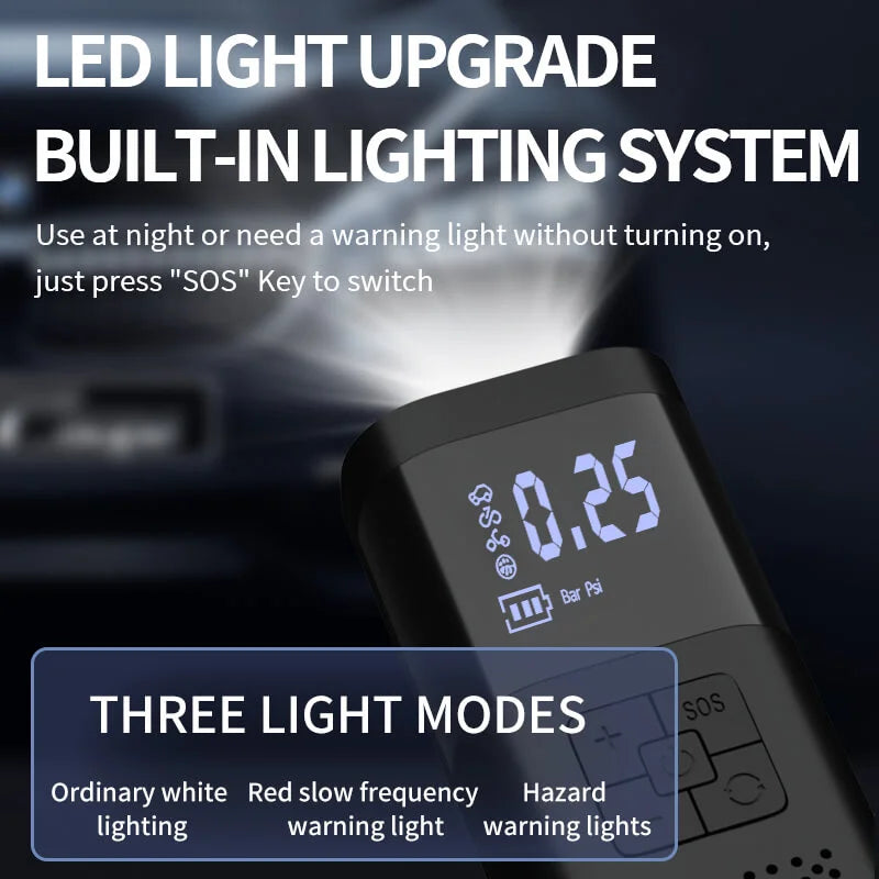 Cordless tire inflator with built-in LED light active, showing three light modes: white, red warning, and hazard flash