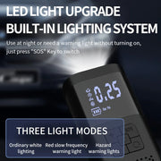 Cordless tire inflator with built-in LED light active, showing three light modes: white, red warning, and hazard flash