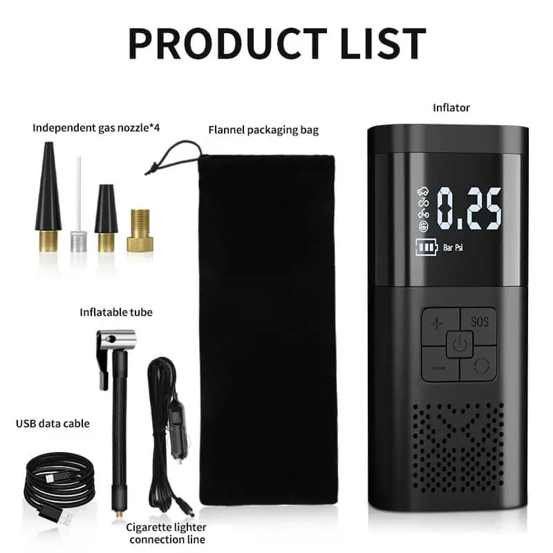 Cordless tire inflator full package: inflator unit, four nozzles, air hose, USB data cable, 12V cigarette lighter cable, and flannel carry bag