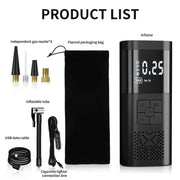 Cordless tire inflator full package: inflator unit, four nozzles, air hose, USB data cable, 12V cigarette lighter cable, and flannel carry bag