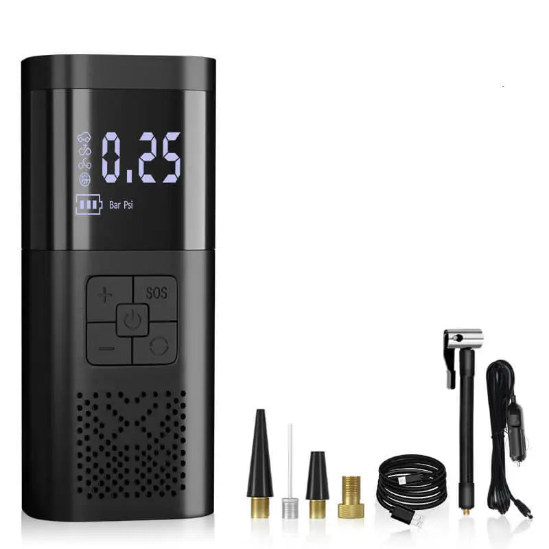 Cordless tire inflator complete kit: inflator, four nozzle adapters, air hose, USB cable, and 12V car charger